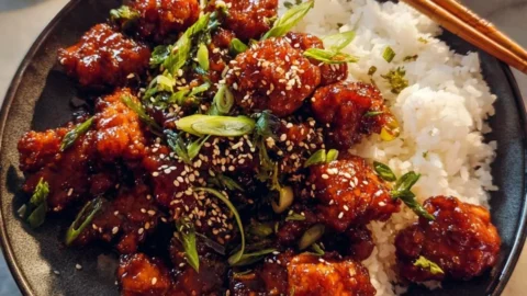 30 Minute General Tso's Chicken recipe with vibrant sauce and crispy chicken.