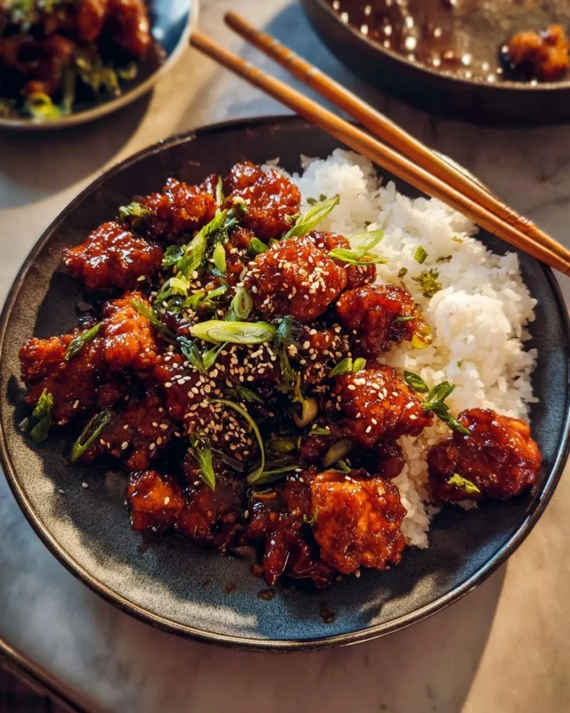 30 Minute General Tso's Chicken recipe with vibrant sauce and crispy chicken.