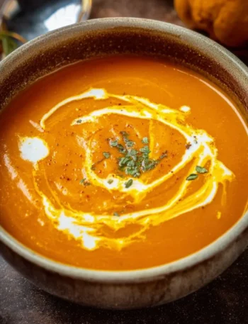 Bowl of creamy pumpkin soup garnished with herbs and served with bread.