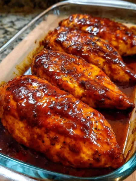 Juicy baked BBQ chicken breast with smoky barbecue sauce and herbs