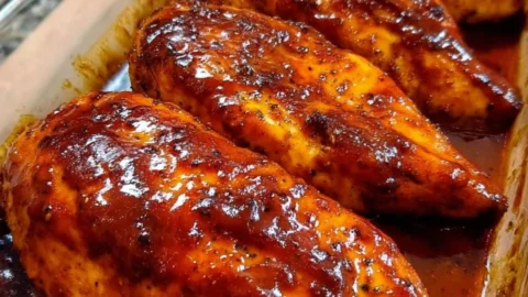 Juicy baked BBQ chicken breast with smoky barbecue sauce and herbs