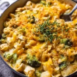 Broccoli Cheddar Chicken Casserole with noodles in a baking dish