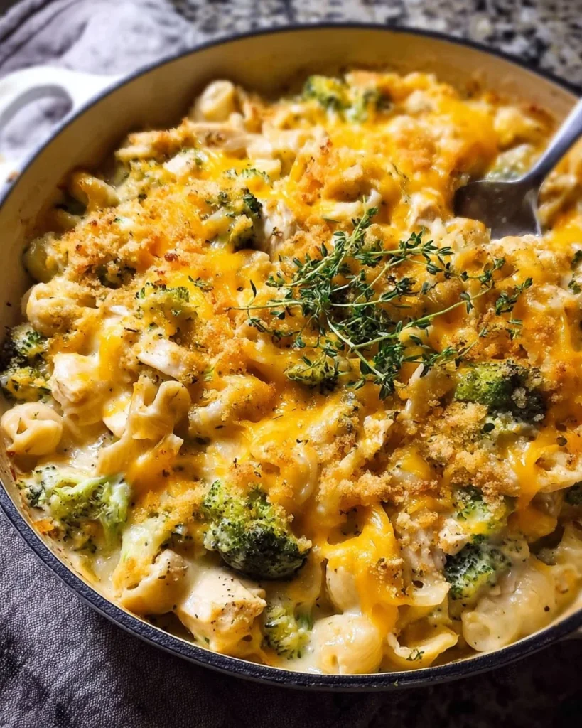 Broccoli Cheddar Chicken Casserole with noodles in a baking dish