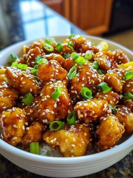 Plate of Chinese Lemon Chicken garnished with fresh lemon slices