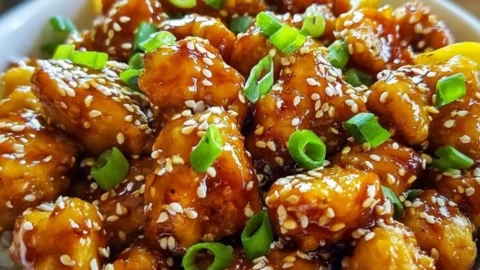 Plate of Chinese Lemon Chicken garnished with fresh lemon slices