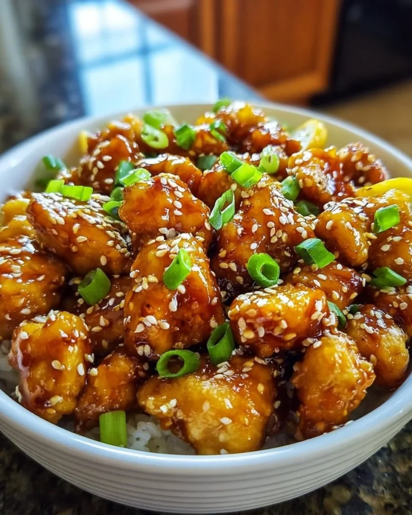 Plate of Chinese Lemon Chicken garnished with fresh lemon slices