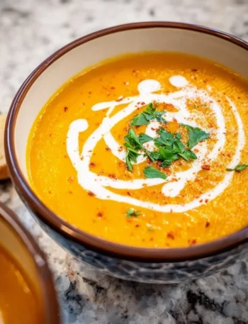Bowl of creamy pumpkin bisque topped with herbs and served with bread