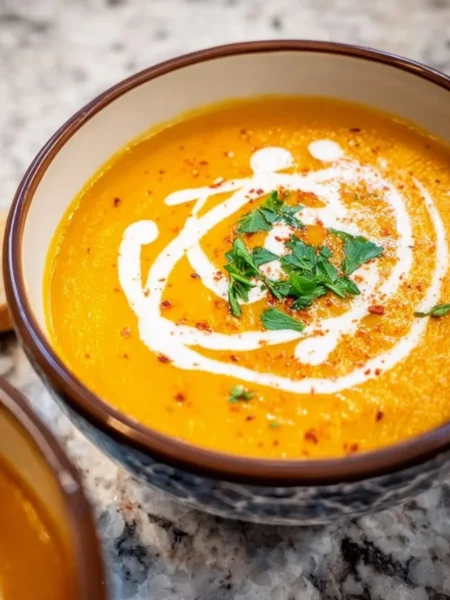 Bowl of creamy pumpkin bisque topped with herbs and served with bread