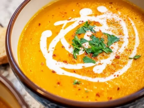 Bowl of creamy pumpkin bisque topped with herbs and served with bread