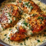 Creamy garlic chicken breasts garnished with herbs on a plate