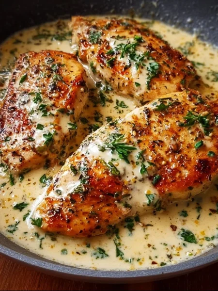 Creamy garlic chicken breasts garnished with herbs on a plate