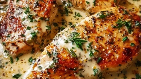 Creamy garlic chicken breasts garnished with herbs on a plate