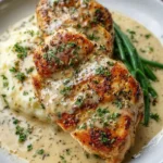 Creamy garlic parmesan chicken breast garnished with herbs on a plate