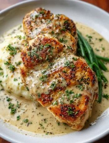 Creamy garlic parmesan chicken breast garnished with herbs on a plate