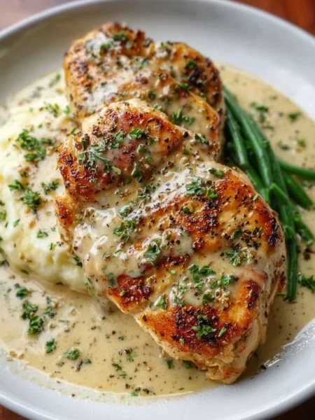 Creamy garlic parmesan chicken breast garnished with herbs on a plate