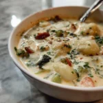 Creamy gnocchi chicken soup served in a bowl with herbs