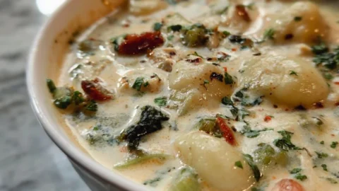 Creamy gnocchi chicken soup served in a bowl with herbs