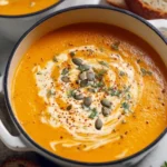 Bowl of creamy pumpkin soup topped with herbs and cream, ready to serve.