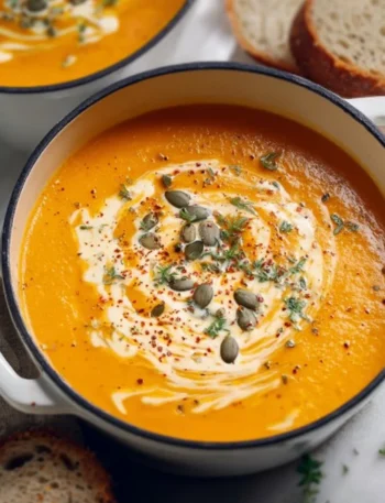 Bowl of creamy pumpkin soup topped with herbs and cream, ready to serve.