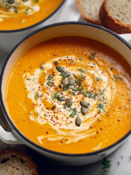 Bowl of creamy pumpkin soup topped with herbs and cream, ready to serve.