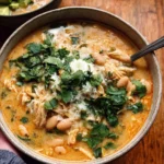 Bowl of creamy white chicken chili garnished with cilantro and lime
