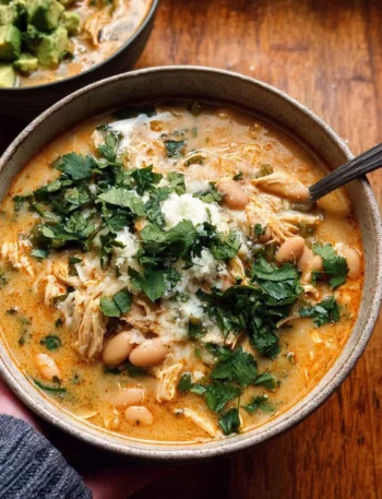 Bowl of creamy white chicken chili garnished with cilantro and lime