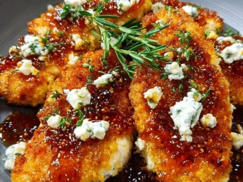 Crispy Feta Chicken drizzled with hot honey, plated beautifully for a scrumptious meal.