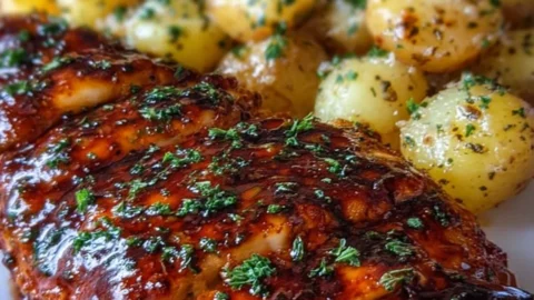 Crunchy honey BBQ chicken served with creamy garlic parmesan potatoes