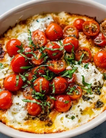 Delicious Caprese dip served in a bowl with fresh basil garnish.