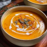 Bowl of spiced pumpkin soup garnished with herbs for a healthy Halloween dish