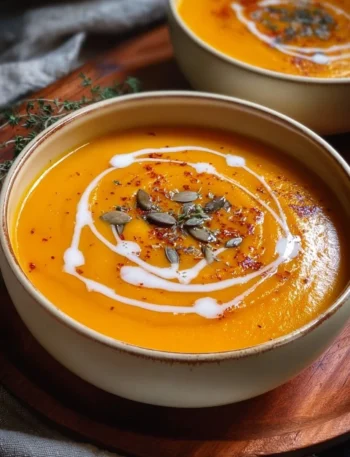 Bowl of spiced pumpkin soup garnished with herbs for a healthy Halloween dish