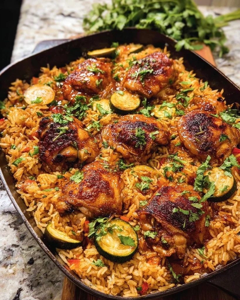 One Pan Chipotle Honey Chicken served with rice in a vibrant dish