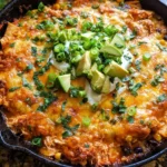 One Skillet Buffalo Ranch Chicken Enchilada Bake topped with cheese and garnished.