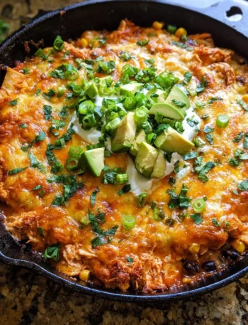 One Skillet Buffalo Ranch Chicken Enchilada Bake topped with cheese and garnished.