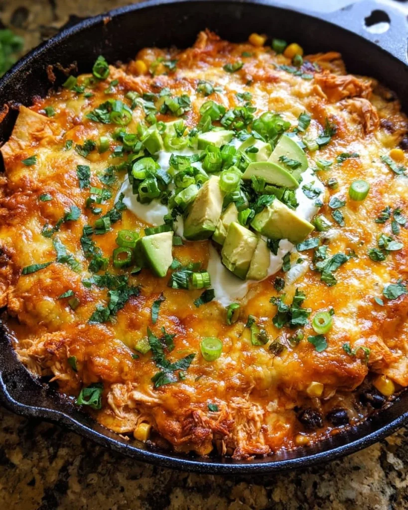 One Skillet Buffalo Ranch Chicken Enchilada Bake topped with cheese and garnished.