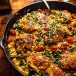 One Skillet Tuscan Chicken and Orzo dish served in a skillet