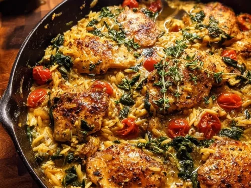 One Skillet Tuscan Chicken and Orzo dish served in a skillet