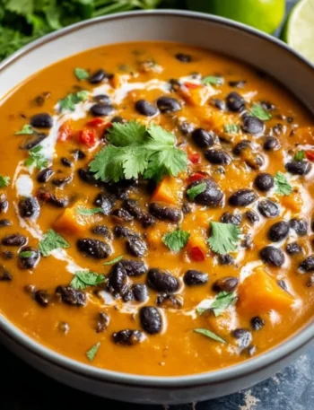 Bowl of Pumpkin Black Bean Soup garnished with cilantro
