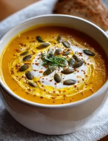 Bowl of creamy roasted pumpkin soup garnished with herbs