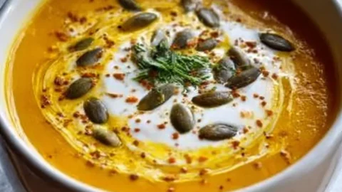 Bowl of creamy roasted pumpkin soup garnished with herbs