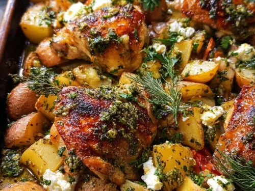 Sheet pan Greek garlic butter chicken with roasted potatoes and herbs