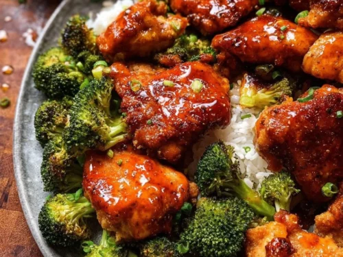 Sheet pan honey buffalo chicken with broccoli dish ready to serve