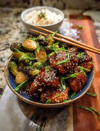 Sheet pan sticky ginger sesame chicken with crispy Brussels sprouts