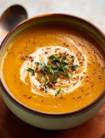 Bowl of silky pumpkin soup garnished with herbs