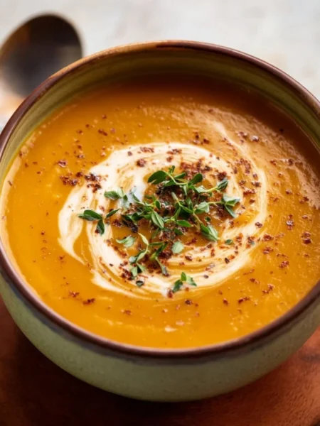 Bowl of silky pumpkin soup garnished with herbs