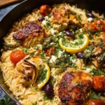 Skillet Greek Lemon Chicken served with rice, garnished with lemon slices and herbs.