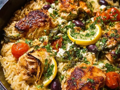 Skillet Greek Lemon Chicken served with rice, garnished with lemon slices and herbs.