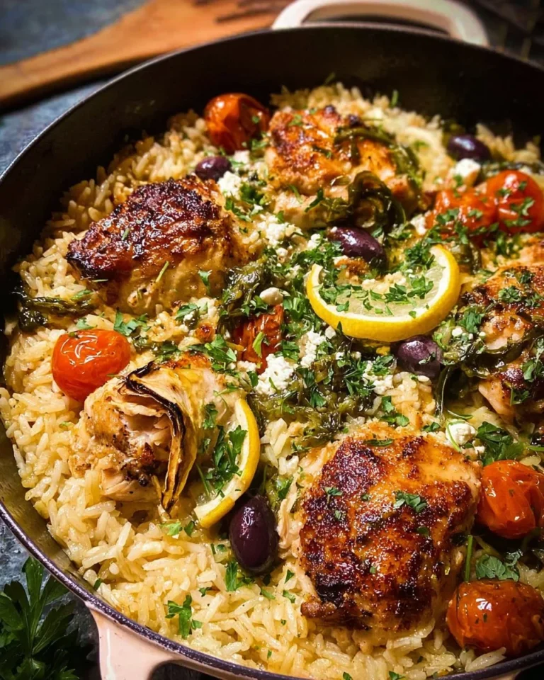 Skillet Greek Lemon Chicken served with rice, garnished with lemon slices and herbs.