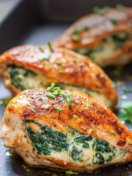 Spinach stuffed chicken breasts with melted cheese and herbs