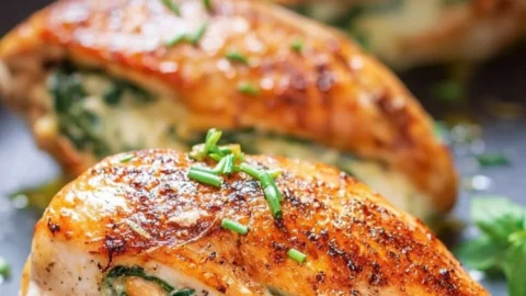 Spinach stuffed chicken breasts with melted cheese and herbs